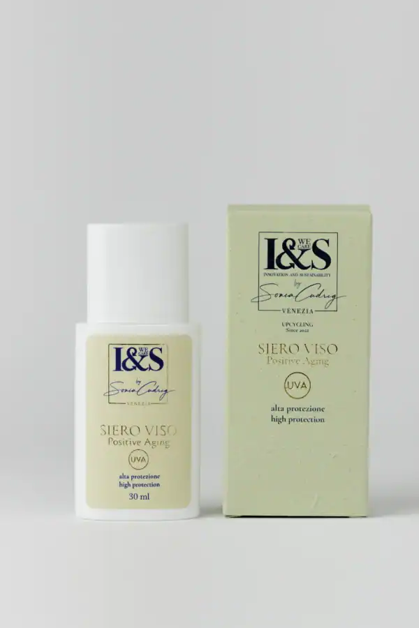 Il Siero Schiarente Viso I&S We Care affiancato al suo astuccio ecosostenibile, ideale per ridurre macchie e discromie con ingredienti naturali.